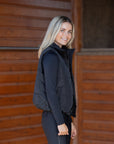 Women's Equestrian classic black puffer vest with embroidered logo details and elastic hem for flattering fit