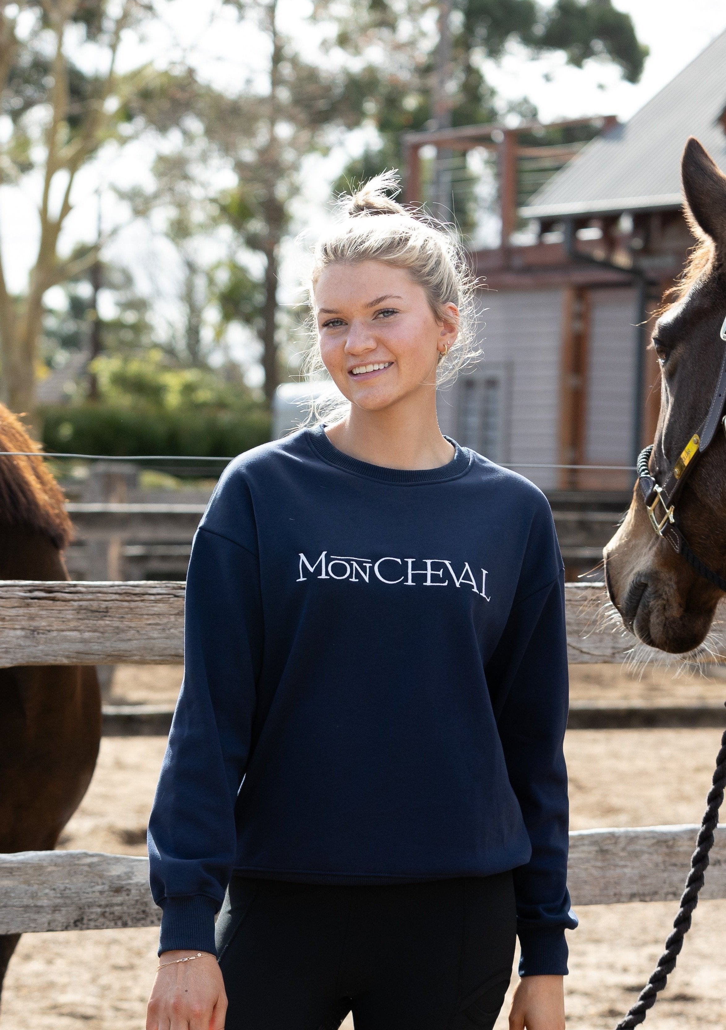 Women's Equestrian jumper in classic navy featuring classy embroidered logo and luxe velvet lining